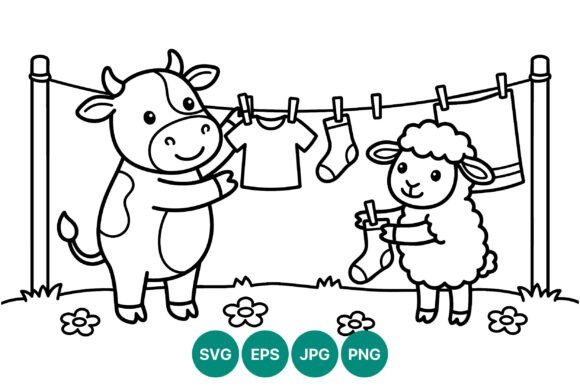 Cow and Sheep Hanging Clothes Vector: Graphics & Illustrations