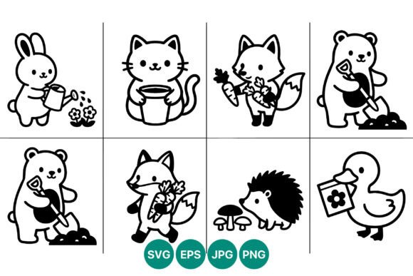 Cute Animal Gardening Line Art Vector: Graphics & Illustrations