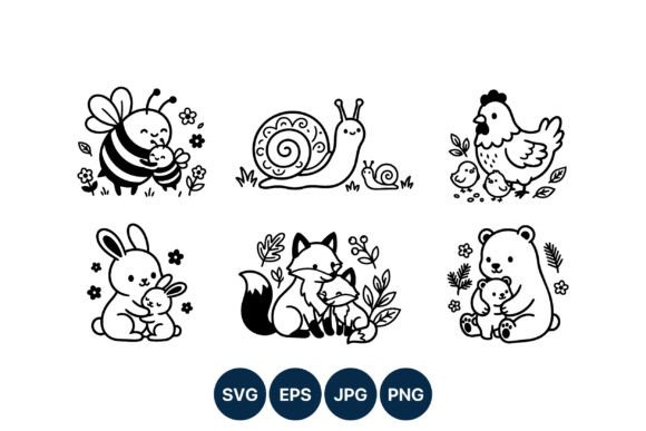 Cute Animal Pairs: Black White Vector Graphics & Illustrations