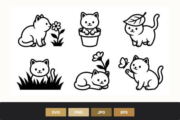 Cute Black and White Cat Line Art: Graphics & Illustrations