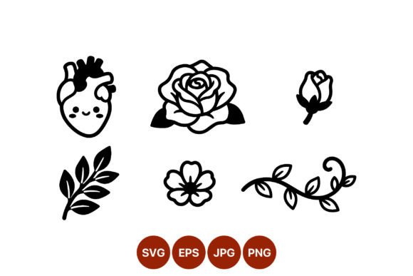 Cute Black White Heart Rose Flower Graphics & Illustrations
