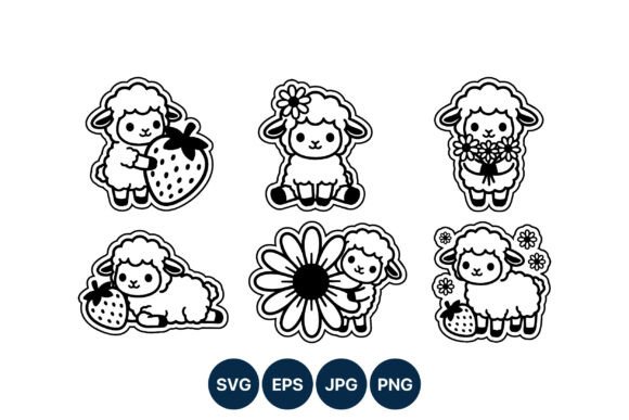 Cute Black White Lambs with Strawberries Graphics