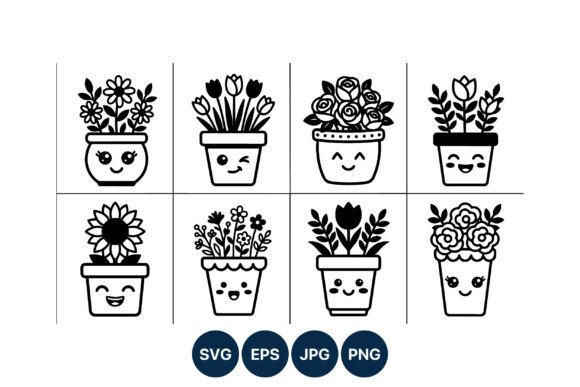 Cute Kawaii Flower Pots: Graphics & Illustrations