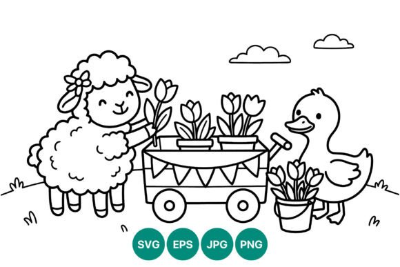 Cute Lamb and Duck with Tulip Wagon: Graphics for Whimsical Projects