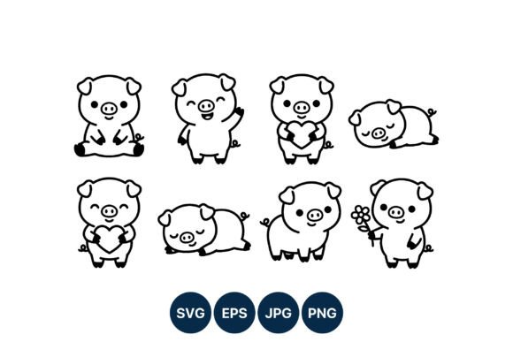Cute Pig Characters Black White Vector Graphics