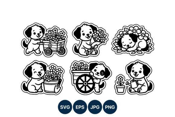 Cute Puppy Flower Garden Vector Art: Graphics & Illustrations