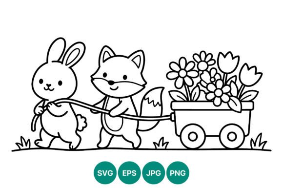 Cute Rabbit Fox Flower Cart Vector: Graphics & Illustrations
