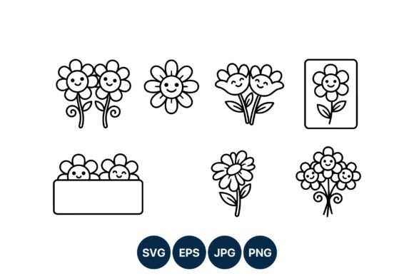 Cute Smiling Flower Line Art Graphics