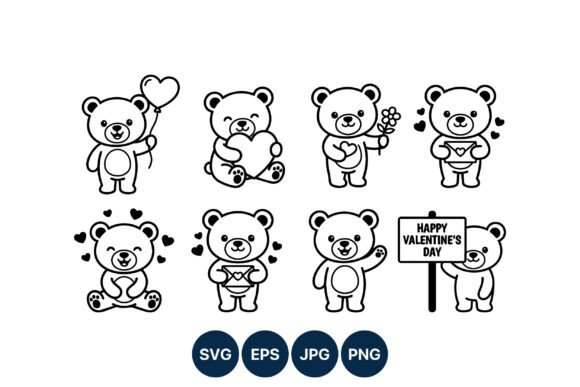 Cute Valentine Bear Line Art: Graphics & Illustrations
