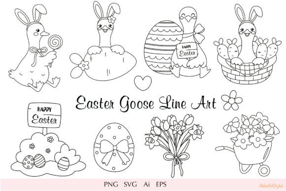 Easter Goose Line Art: Spring Graphics & Illustrations
