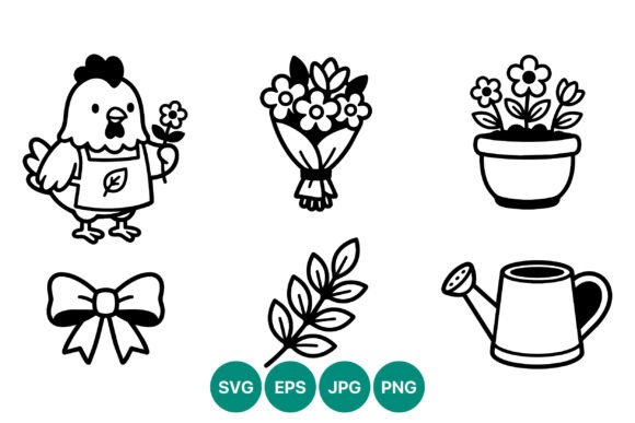Garden Chicken Flower Bow Vector Line: Graphics & Illustrations