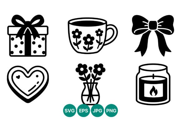 Gift Box Tea Cup Heart Vase Candle Icon: Graphics & Illustrations