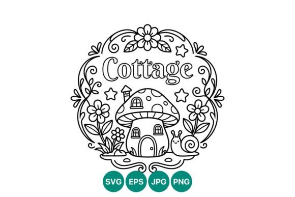 Mushroom Cottage Line Art Vector: Graphics & Illustrations