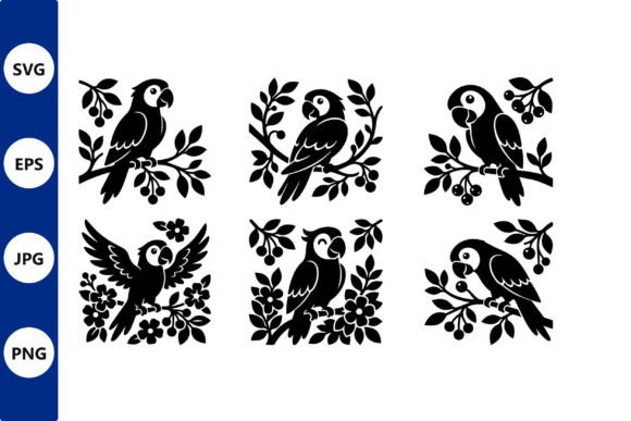 Parrot Silhouettes on Branches: Graphics for Botanical Branding