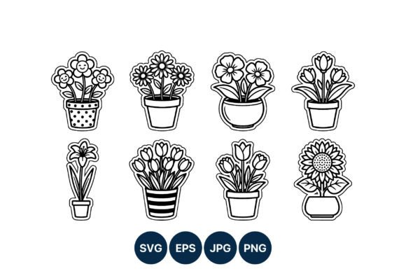 Potted Flower Line Art Icons: Graphics & Illustrations