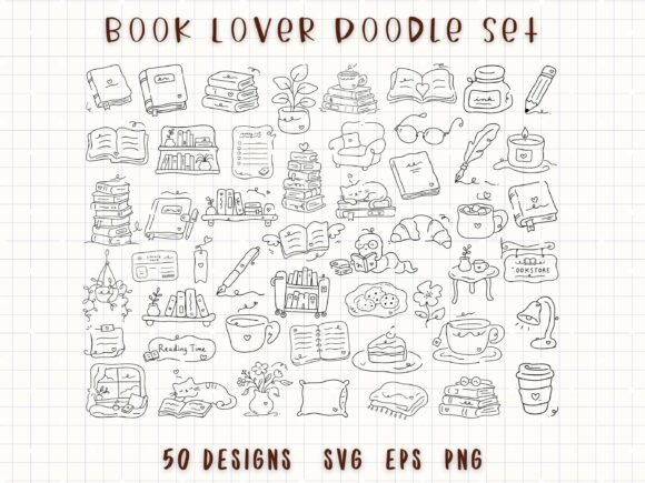 Reading Journal Doodle Book Lover Line