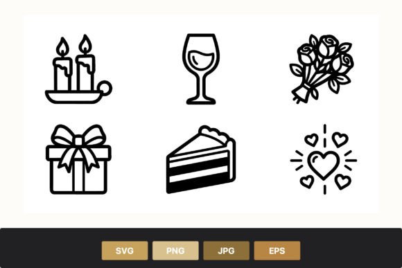 Romantic Black and White Line Art Icons: Elegant Graphics & Illustrations
