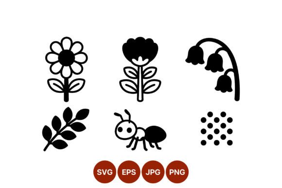 Simple Black White Flower Ant Icons: Graphics & Illustrations