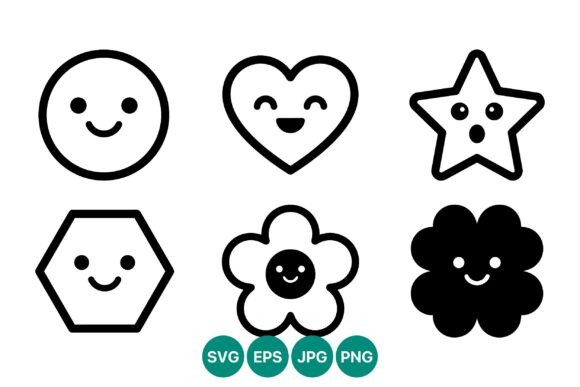 Smiling Black and White Cartoon Shapes: Graphics & Illustrations
