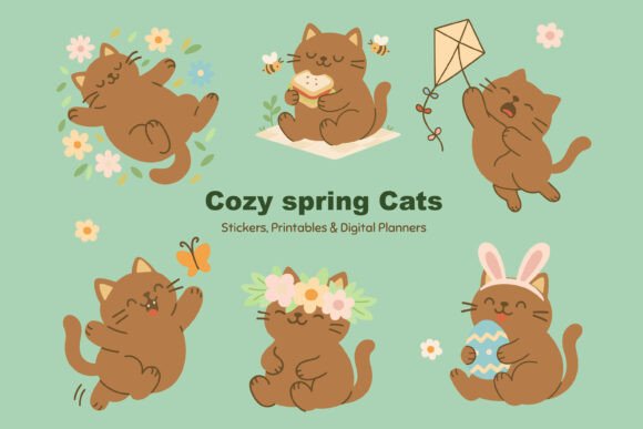 Spring Cat Clipart Pack: Graphics for Spring Branding