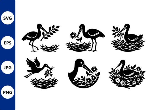 Stork Silhouettes Line Art in Nests: Graphics and Illustrations for Branding