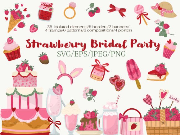 Strawberry Bridal Party Collection: Sweet Graphics & Illustrations